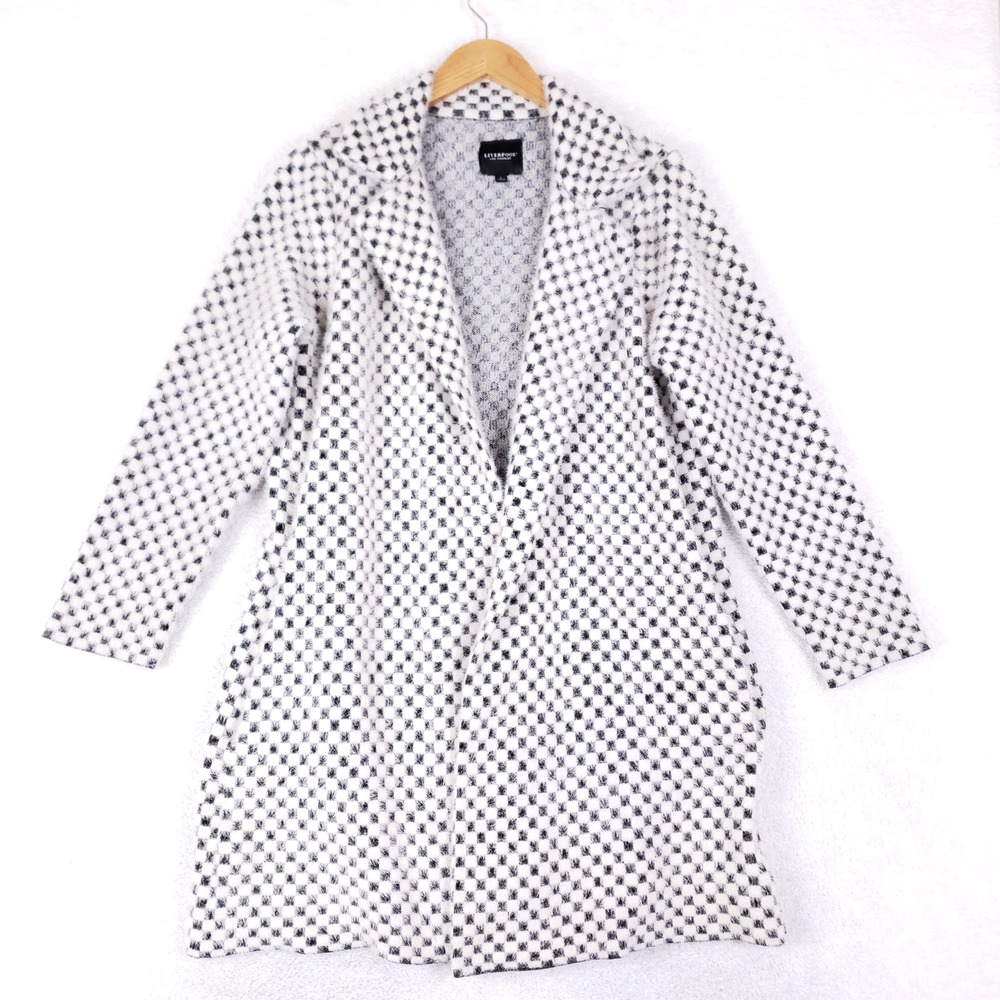 LIVERPOOL Women L Checkered Open‎ Front Long Cardigan Coat Eyelash Knit Mod Chic
